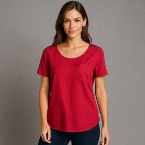 DKNY Jeans Women’s Large Red Satin Silky Zipper Shoulder Pocket Top Blouse Rare